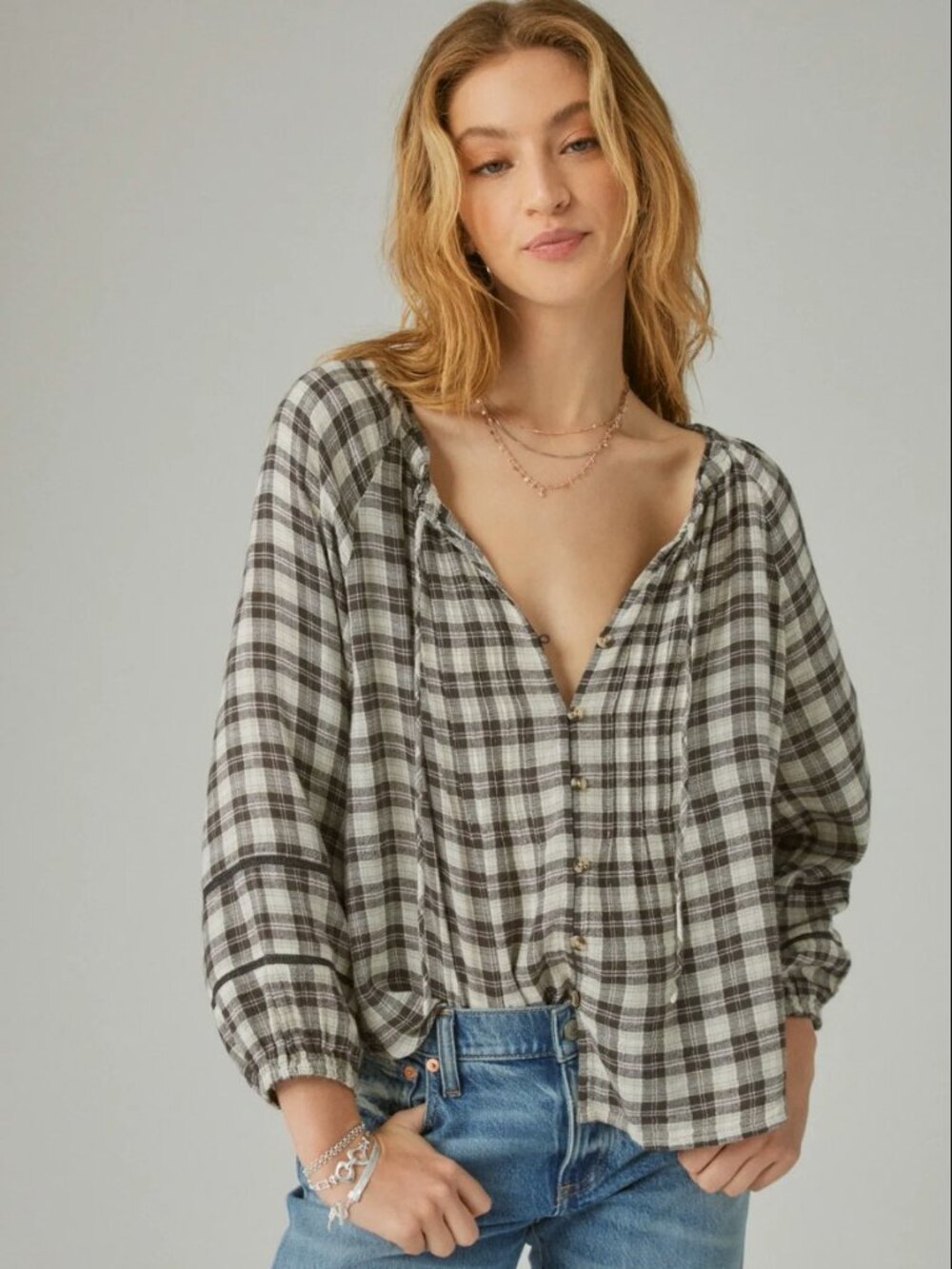 Lucky Brand Plaid Pintuck Shirt - size Medium - NWT